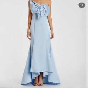 Mac Duggal Light Blue Strapless Bow Mermaid Maxi Dress Gown